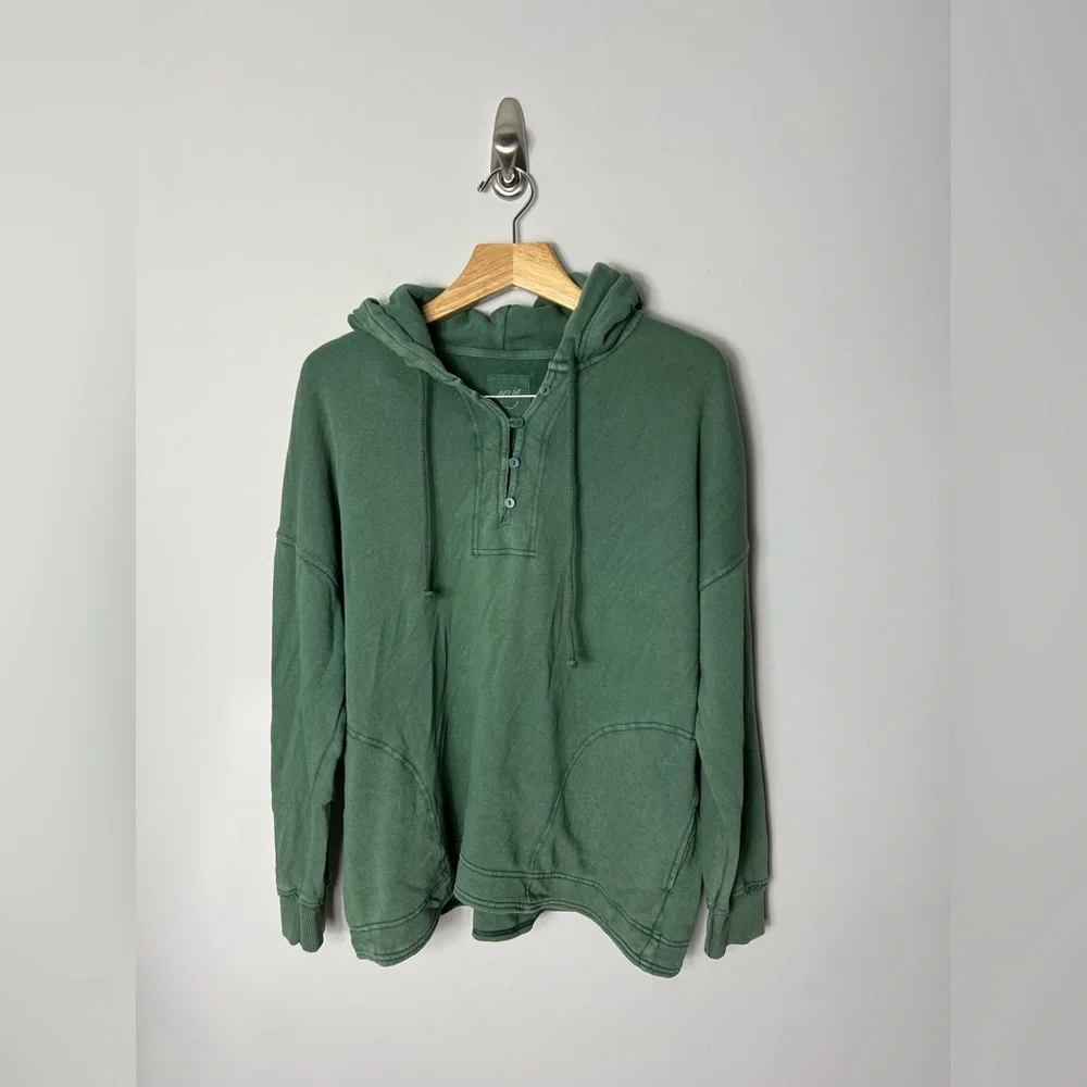 Aerie American Eagle Oversized Hoodie Sweatshirt Henley Button Up Hood Green *S - Picture 2 of 15